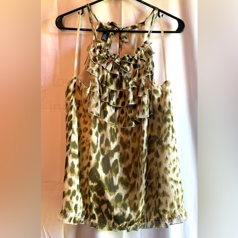 INC International Concepts Silk Olive Green Leopard Ruffle Halter Top Size 10